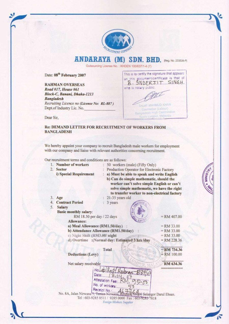 Demand letter from Andaraya (M) Sdn. Bhd. for 50 electronics factory production operators