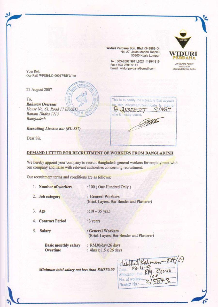 Demand letter from Widuri Perdana Sdn. Bhd., Kuala Lumpur, for 100 general construction workers